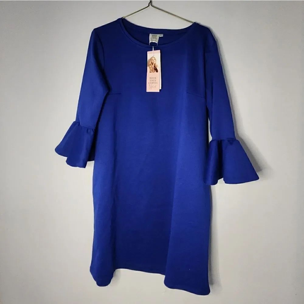 Rock Your Curves Bell-Sleeve Shift Dress Women’s Size 44/46 Cobalt Blue